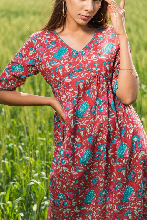 Sootisyahi 'Scarlet-Bee-Balm' Azofree Handblock Printed Pure Cotton Dress