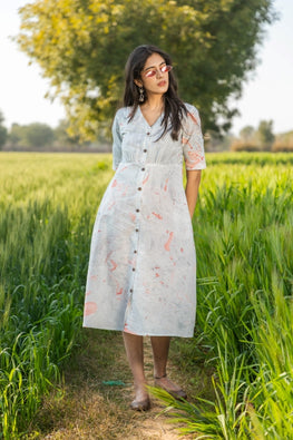 Morning Mist Pure Cotton Handmarble Printed Dress For Women Online 
