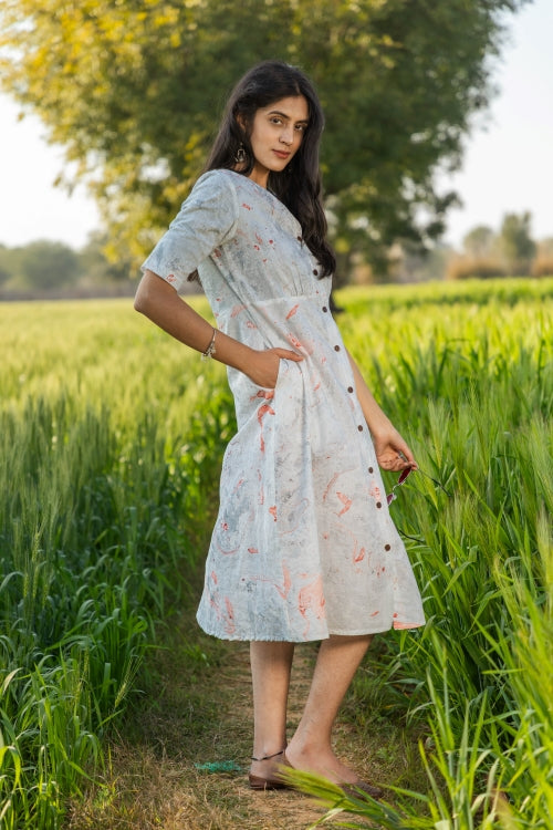 Sootisyahi 'Morning Mist' Handmarble Printed Pure Cotton Dress