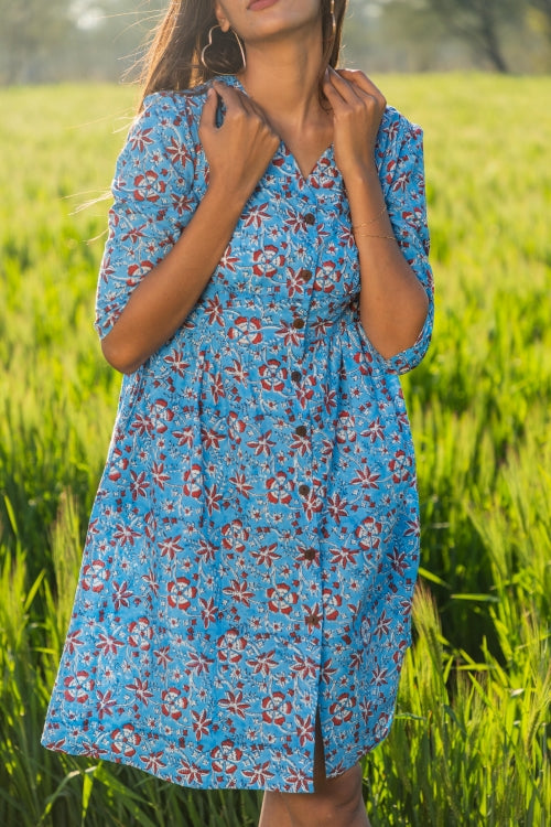 Sootisyahi 'Bloom in the Sky' Azofree Handblock Printed Pure Cotton Dress
