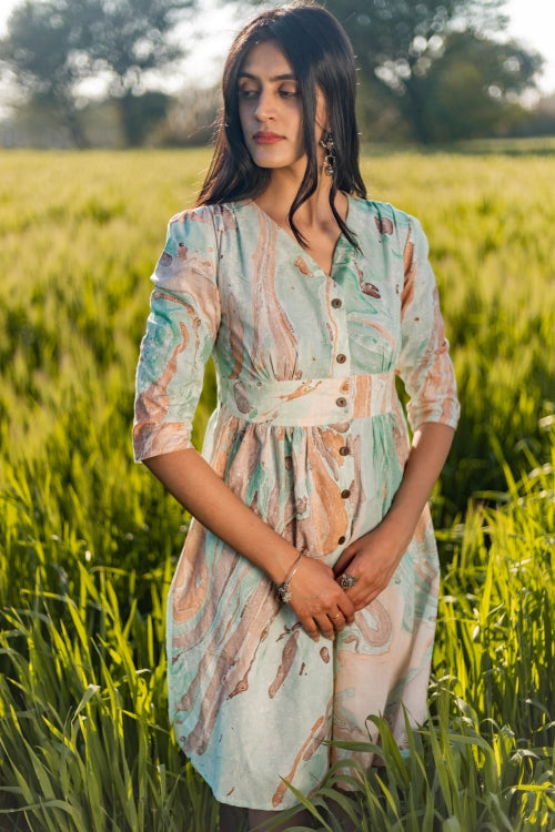 Sootisyahi 'Flow Rust' Handmarble Printed Pure Cotton Dress