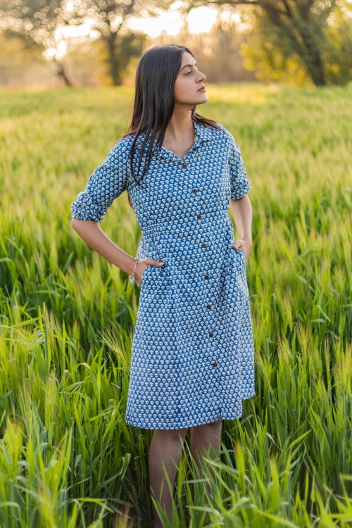 Sootisyahi 'Blue Bell' Azofree Handblock Printed Pure Cotton Dress