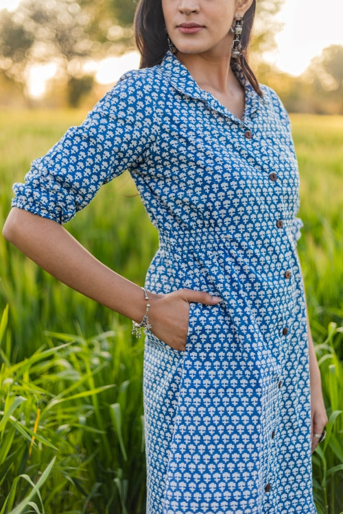 Sootisyahi 'Blue Bell' Azofree Handblock Printed Pure Cotton Dress