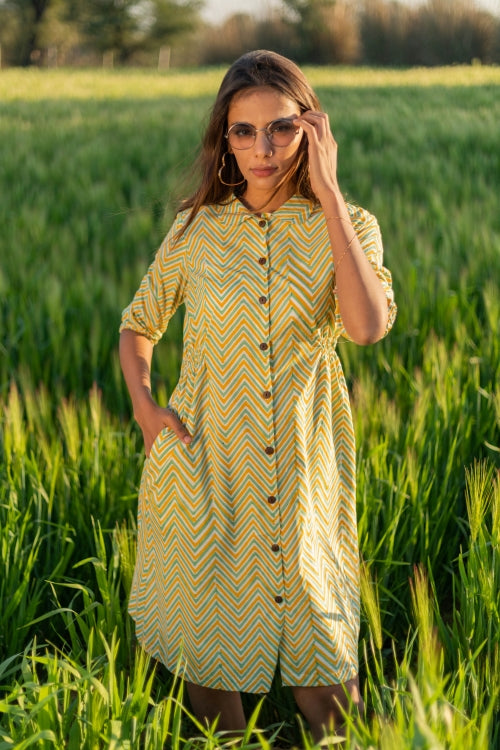 Sootisyahi 'Shining Zigzag' Azofree Handblock Printed Pure Cotton Dress