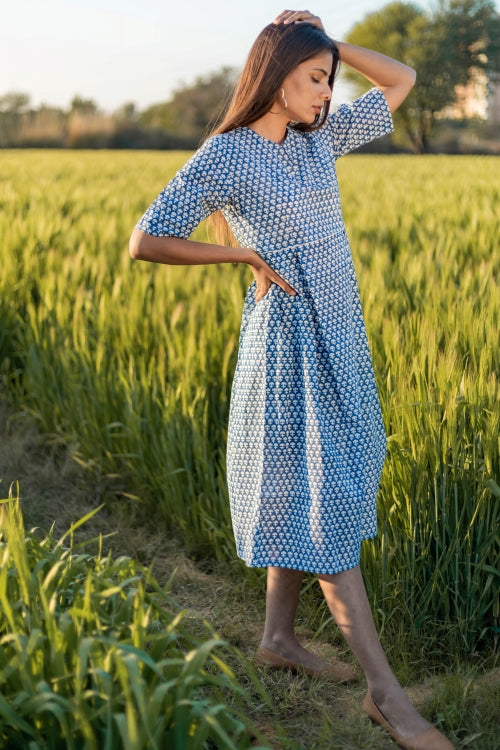 Sootisyahi 'Sea Blue' Azofree Handblock Printed Pure Cotton Dress