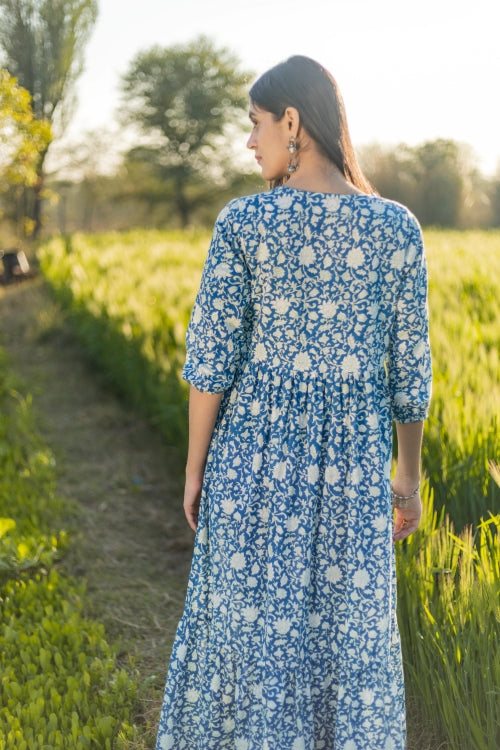 Sootisyahi 'Bloom Mist' Azofree Handblock Printed Pure Cotton Dress