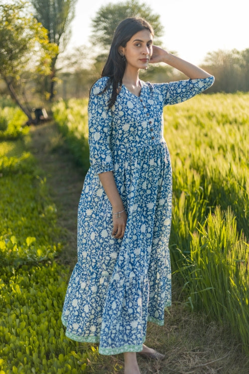 Sootisyahi 'Bloom Mist' Azofree Handblock Printed Pure Cotton Dress