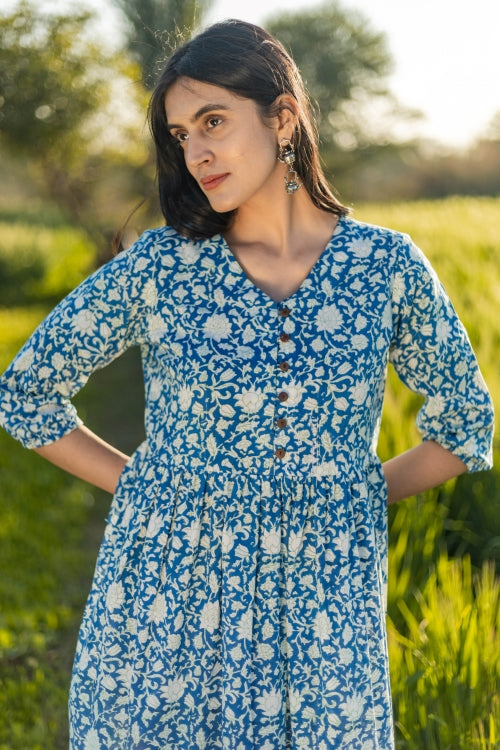 Sootisyahi 'Bloom Mist' Azofree Handblock Printed Pure Cotton Dress