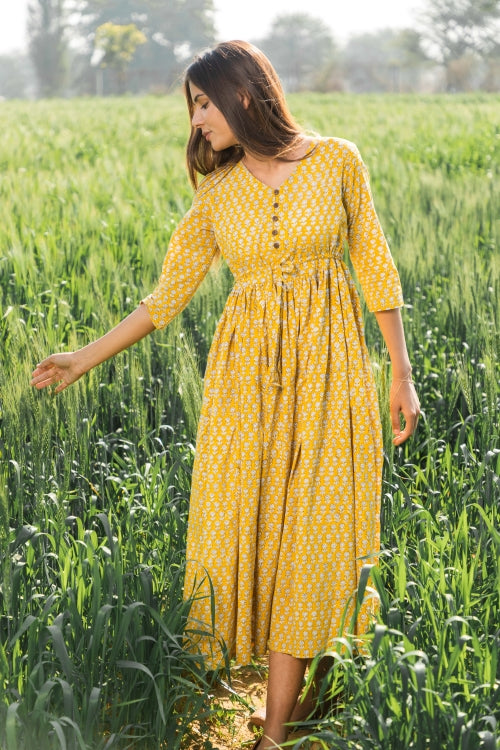 Mustard Medow Pure Cotton Hand Block Printed Dress For Women Online 