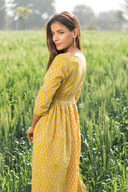 Sootisyahi 'Mustard Medow' Azofree Handblock Printed Pure Cotton Dress