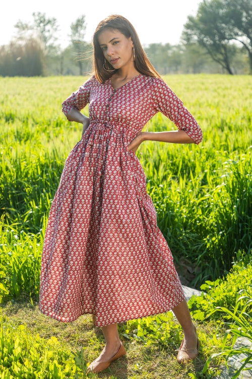 Sootisyahi 'Mesmerizing Maroon' Azofree Handblock Printed Pure Cotton Dress