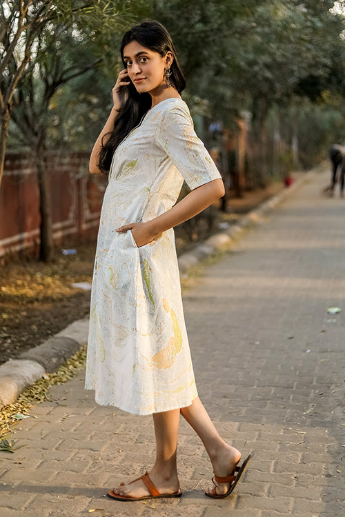 Sootisyahi 'Mystic Flow' Handmarble Printed Pure Cotton Dress