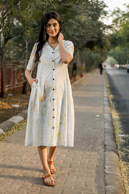 Sootisyahi 'Mystic Flow' Handmarble Printed Pure Cotton Dress