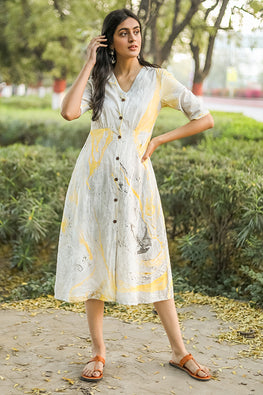 Lemonade Pure Cotton Handmarble Printed Dress For Women Online 