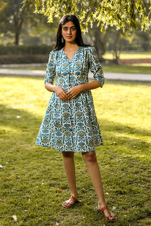 Lotus In The Lake Pure Cotton Hand Block Printed Dress For Women