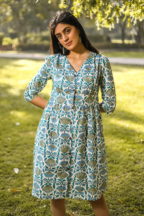 Sootisyahi 'Lotus in the lake' Azofree Handblock Printed Pure Cotton Dress