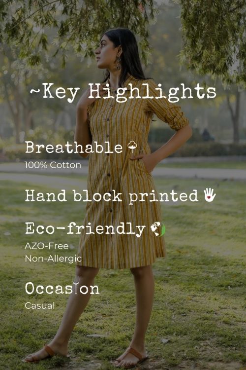 Sootisyahi 'Stripe-n-Stairs' Azofree Handblock Printed Pure Cotton Dress