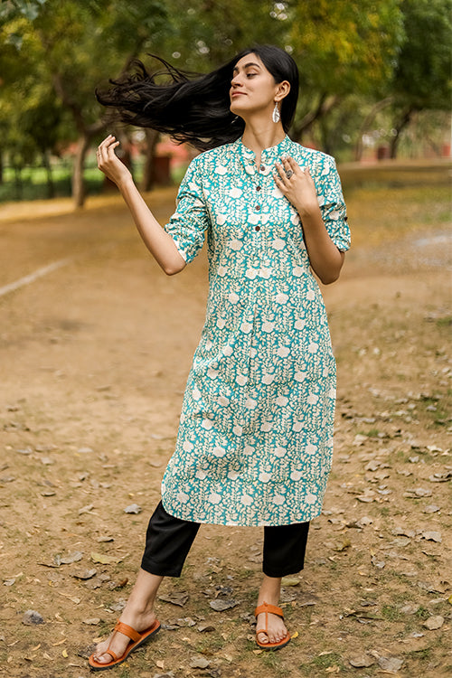 Sootisyahi Garden Glory Block Printed Cotton Kurti For Women Online 