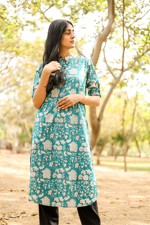 Sootisyahi Buds and Bushes Block Printed Cotton Kurta For Women Online
