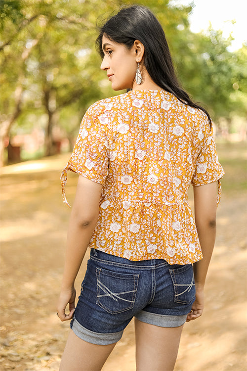 Sootisyahi 'Delighting Daffodils' Azofree Handblock Printed Pure Cotton Crop Top
