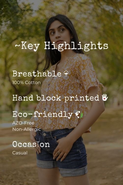 Sootisyahi 'Delighting Daffodils' Azofree Handblock Printed Pure Cotton Crop Top