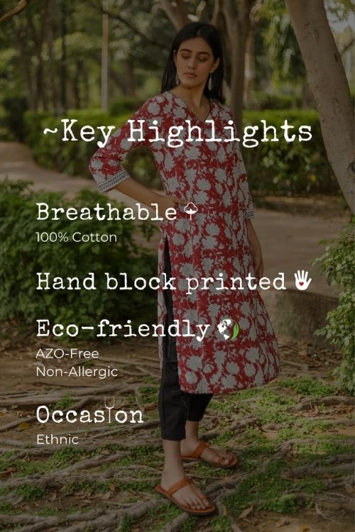 Sootisyahi 'Hidden Hibiscus' Azofree Handblock Printed Pure Cotton Kurti