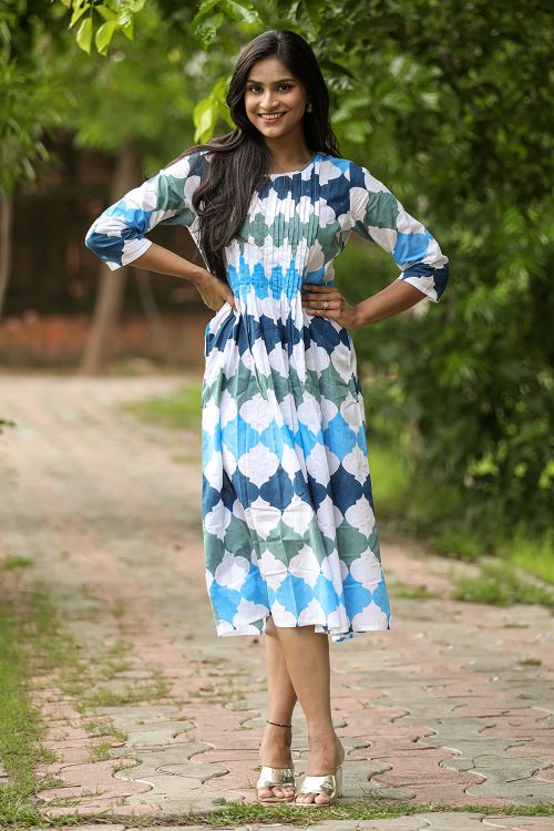 Colourful Azure Pure Cotton Hand Block Printed Dress For Women Online 
