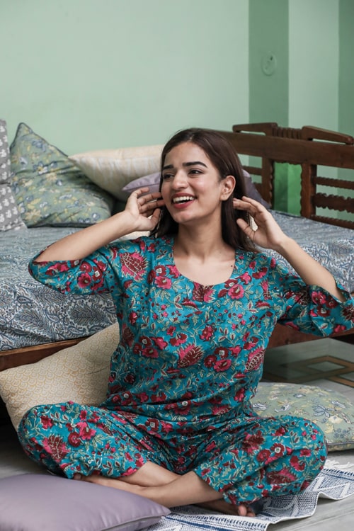 Sootisyahi 'Forest Fantasy' Block Printed Cotton Nightsuit