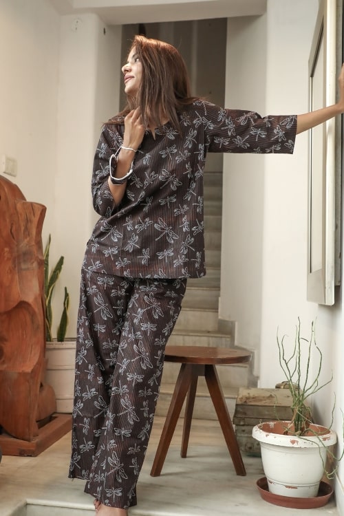 Sootisyahi 'Black Coffee' Handblock Printed Cotton Nightsuit