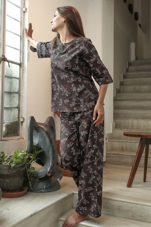 Sootisyahi 'Black Coffee' Handblock Printed Cotton Nightsuit