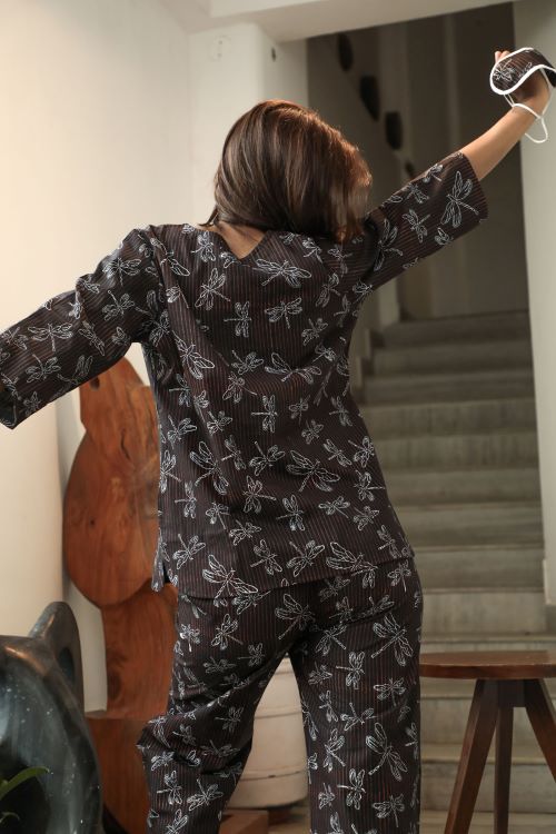 Sootisyahi 'Black Coffee' Handblock Printed Cotton Nightsuit