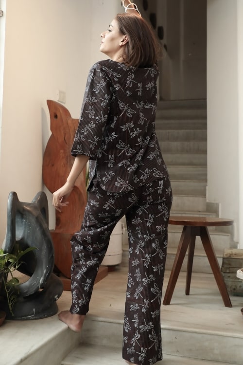 Sootisyahi 'Black Coffee' Handblock Printed Cotton Nightsuit
