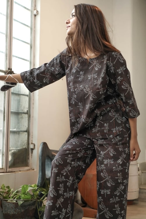 Sootisyahi 'Black Coffee' Handblock Printed Cotton Nightsuit