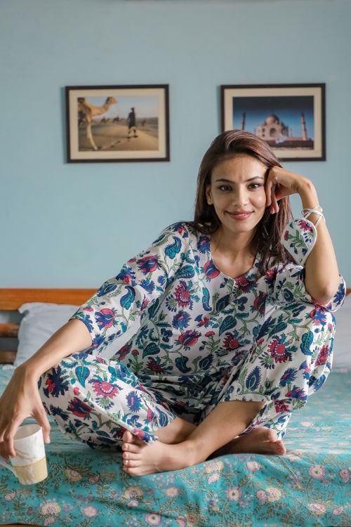 Sootisyahi 'Spring Whisper' Block Printed Cotton Nightsuit