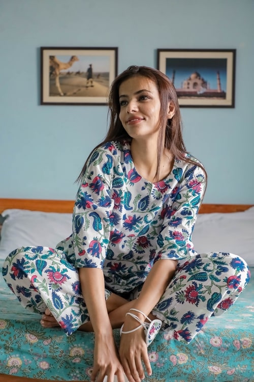 Sootisyahi 'Spring Whisper' Block Printed Cotton Nightsuit