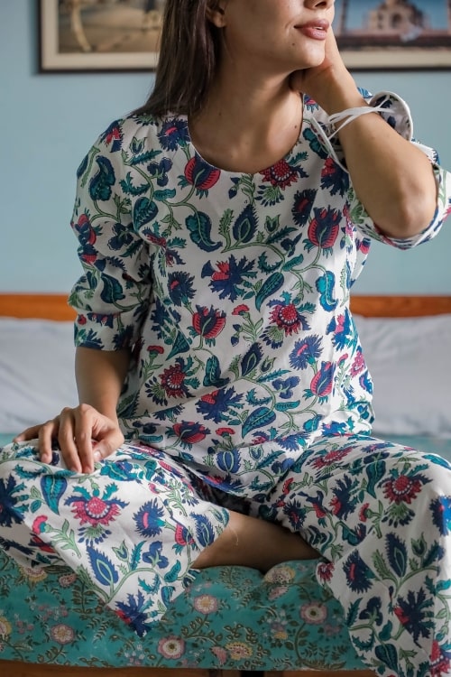 Sootisyahi 'Spring Whisper' Block Printed Cotton Nightsuit
