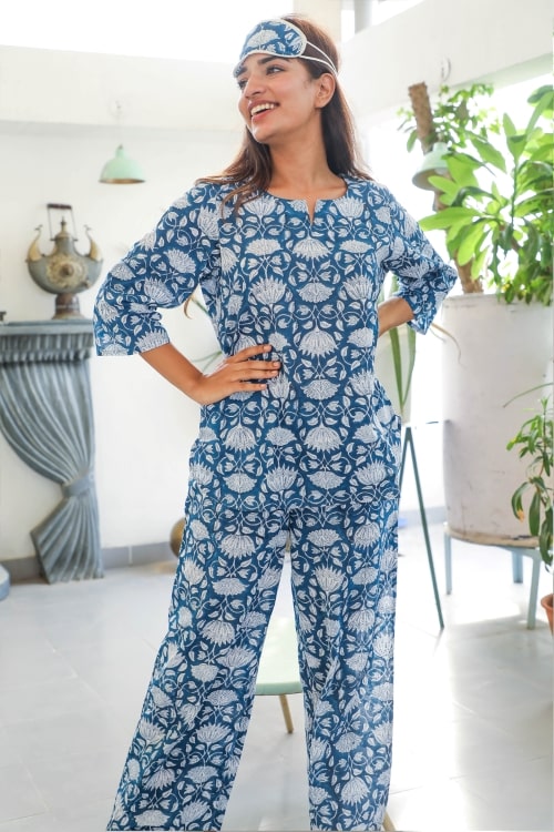 Sootisyahi 'Floral Blue' Handblock Printed Cotton Nightsuit