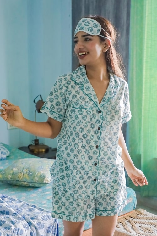 Sootisyahi 'Pretty Petals' Block Printed Cotton Nightsuit