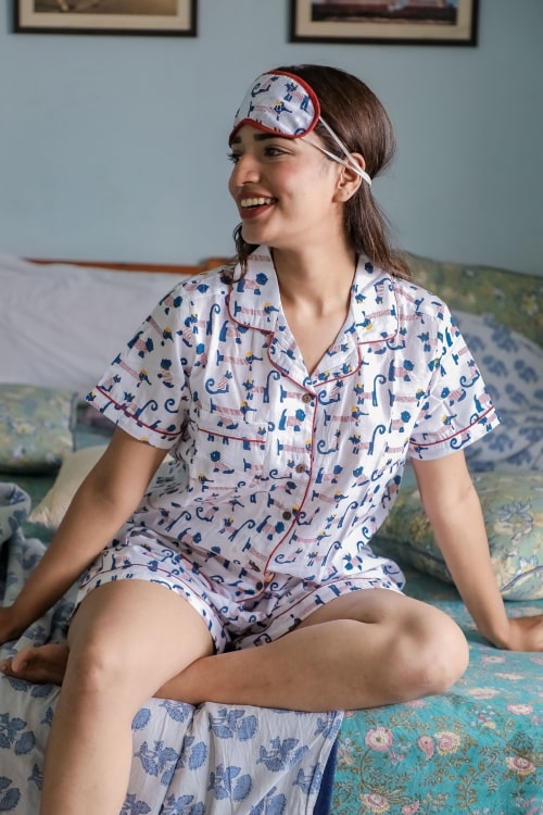 Sootisyahi 'Impish Puppy' Handblock Printed Cotton Nightsuit