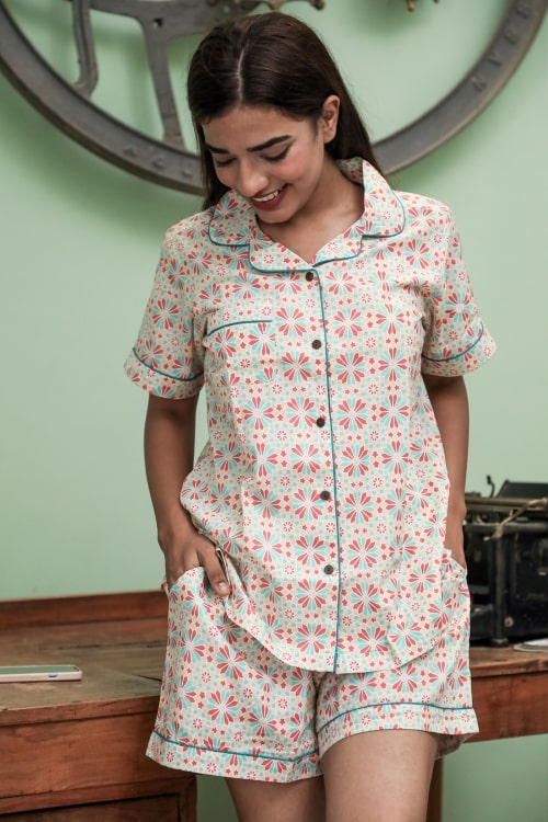 Sootisyahi 'Silky Plateau' Block Printed Cotton Nightsuit