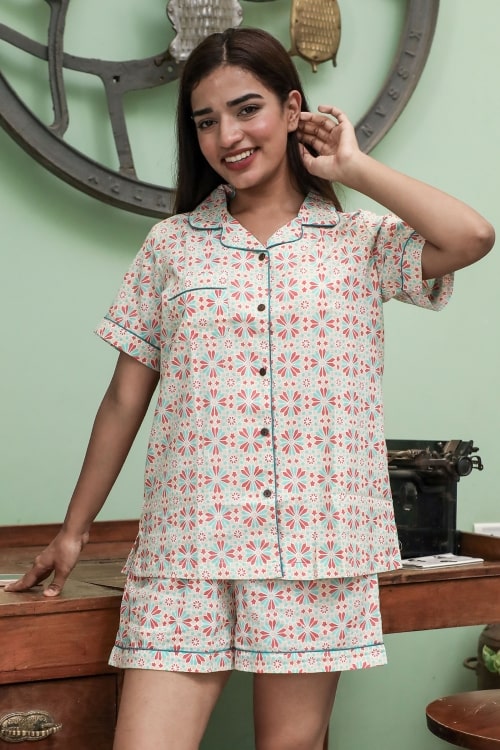 Sootisyahi 'Silky Plateau' Block Printed Cotton Nightsuit