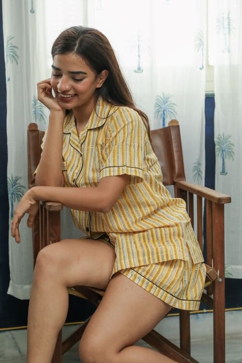 Sootisyahi 'Yellow Grassland' Block Printed Cotton Nightsuit