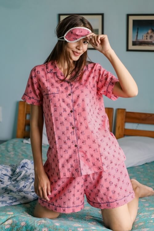 Sootisyahi 'Pink Puppy' Handblock Printed Cotton Night Suit