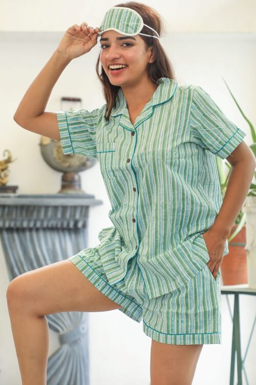 Sootisyahi 'Firm Mint' Handblock Printed Cotton Night Suit