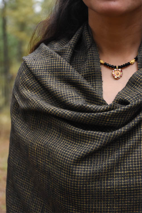 Pure Eri Silk Stole | Black With Golden Checks