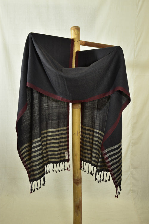 Avani Kumaon Pure Woolen Stole|Black With Maroon Border & Muga Silk Striped Pallu