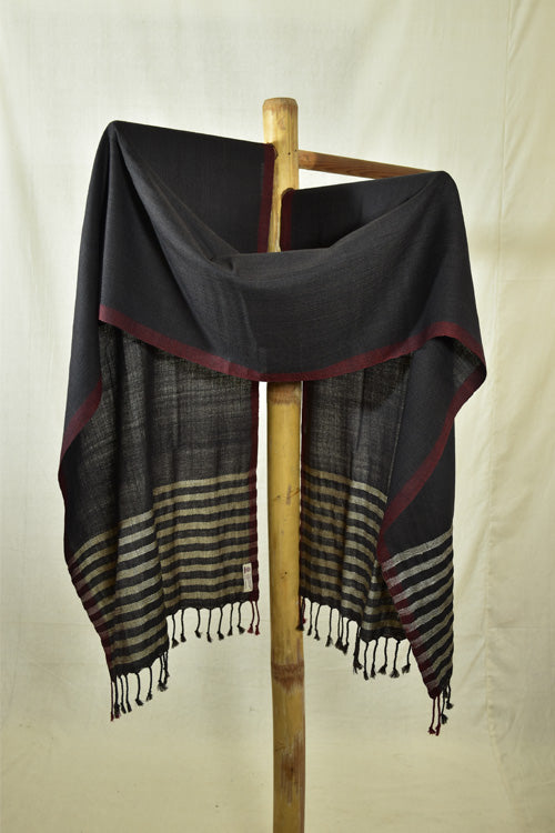 Pure Woolen Stole|Black With Maroon Border & Muga Silk Striped Pallu
