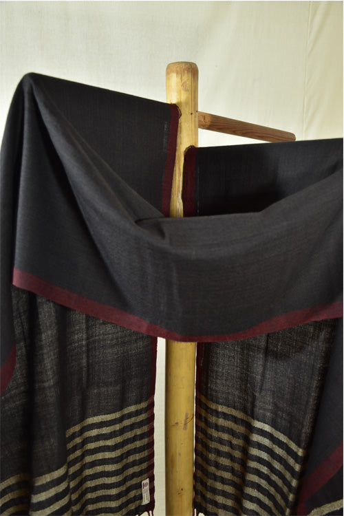 Avani Kumaon Pure Woolen Stole|Black With Maroon Border & Muga Silk Striped Pallu