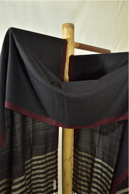 Pure Woolen Stole|Black With Maroon Border & Muga Silk Striped Pallu