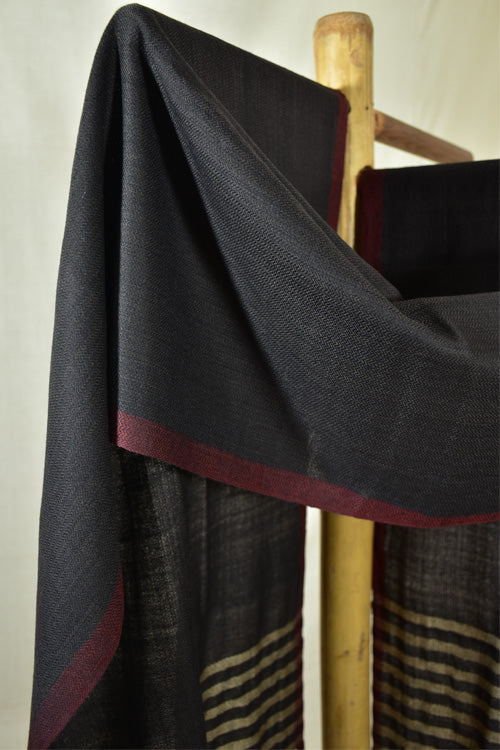 Avani Kumaon Pure Woolen Stole|Black With Maroon Border & Muga Silk Striped Pallu